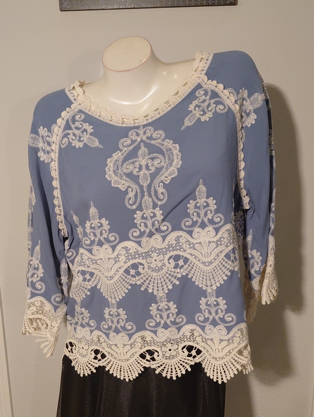 Blue Lace Trim Embroidered Top
